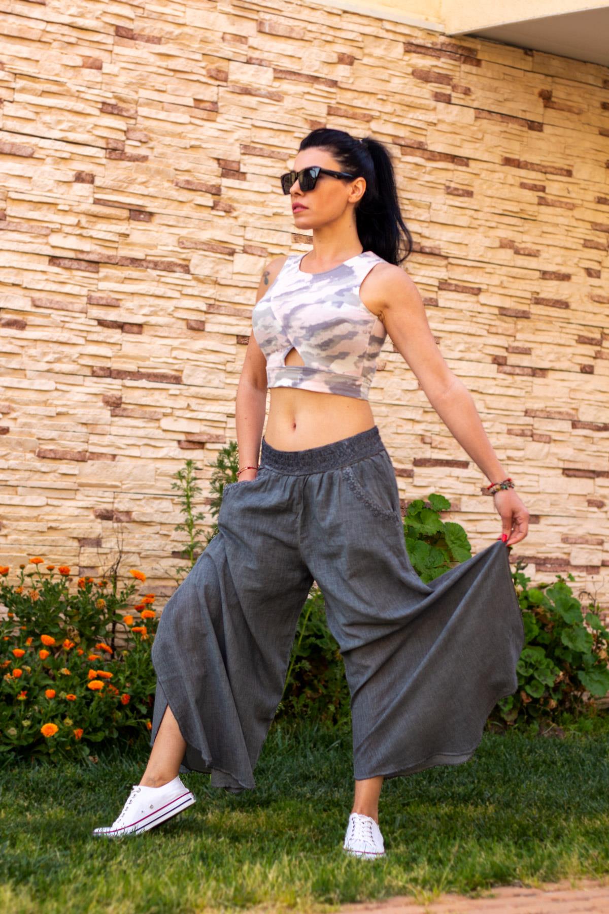 Gri Beli Lastikli Alaçatı Model Kulaklı Yıkamalı Pamuk Kadın Şalvar 22KPNTSACA