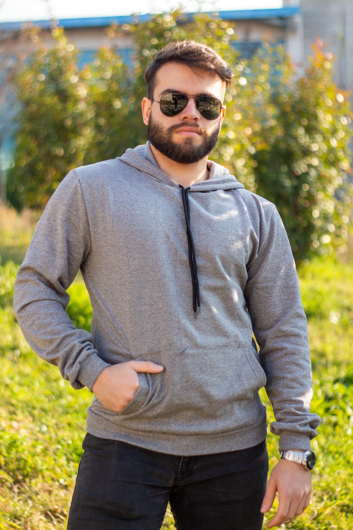 Gri Düz Basic Kapüşonlu Cepli Oversize Erkek Sweatshirt 21ESWT1KNG