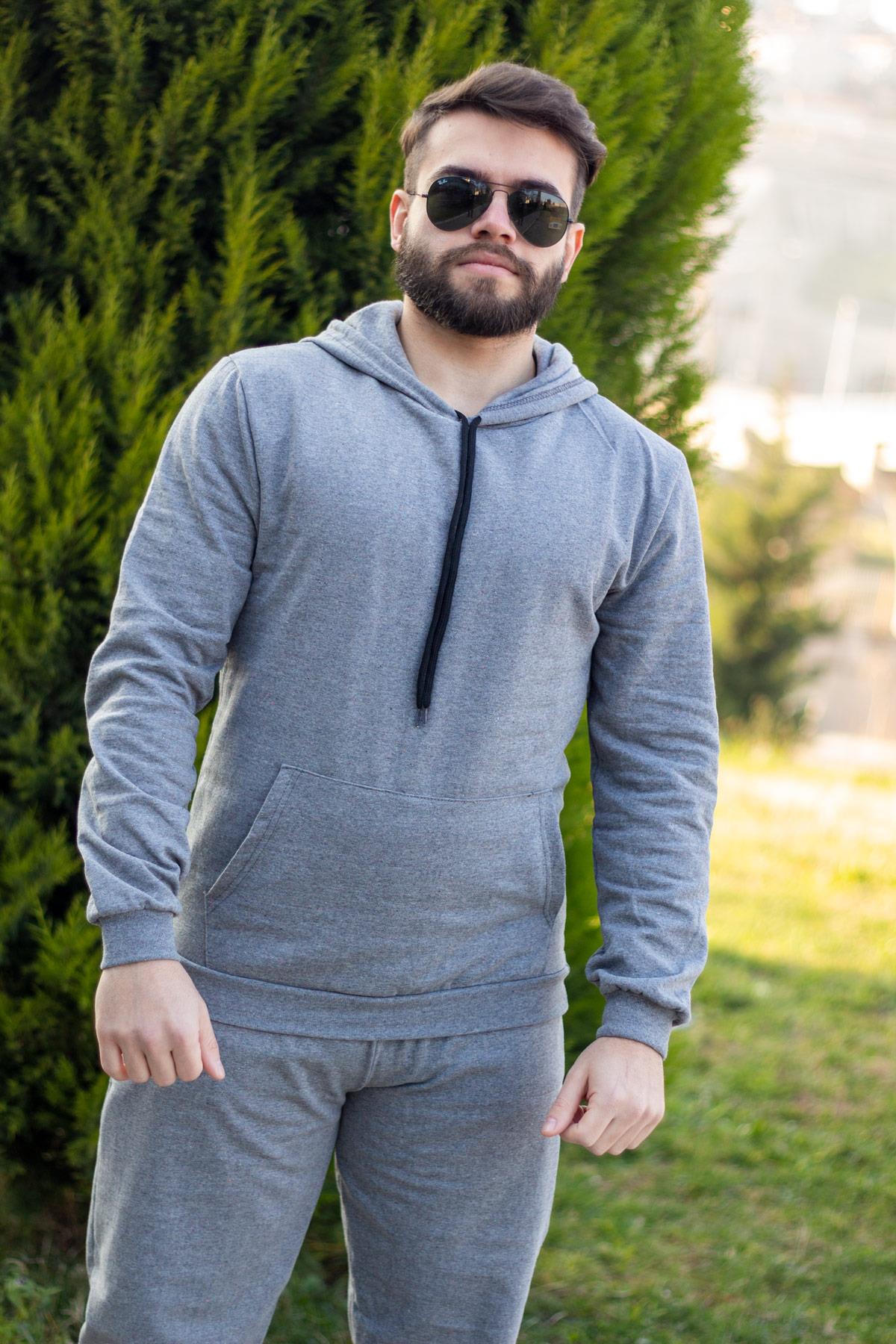 Gri Kapüşonlu Kanguru Cep Kalın Erkek Sweatshirt Eşofman Takımı 22EESTKAPS