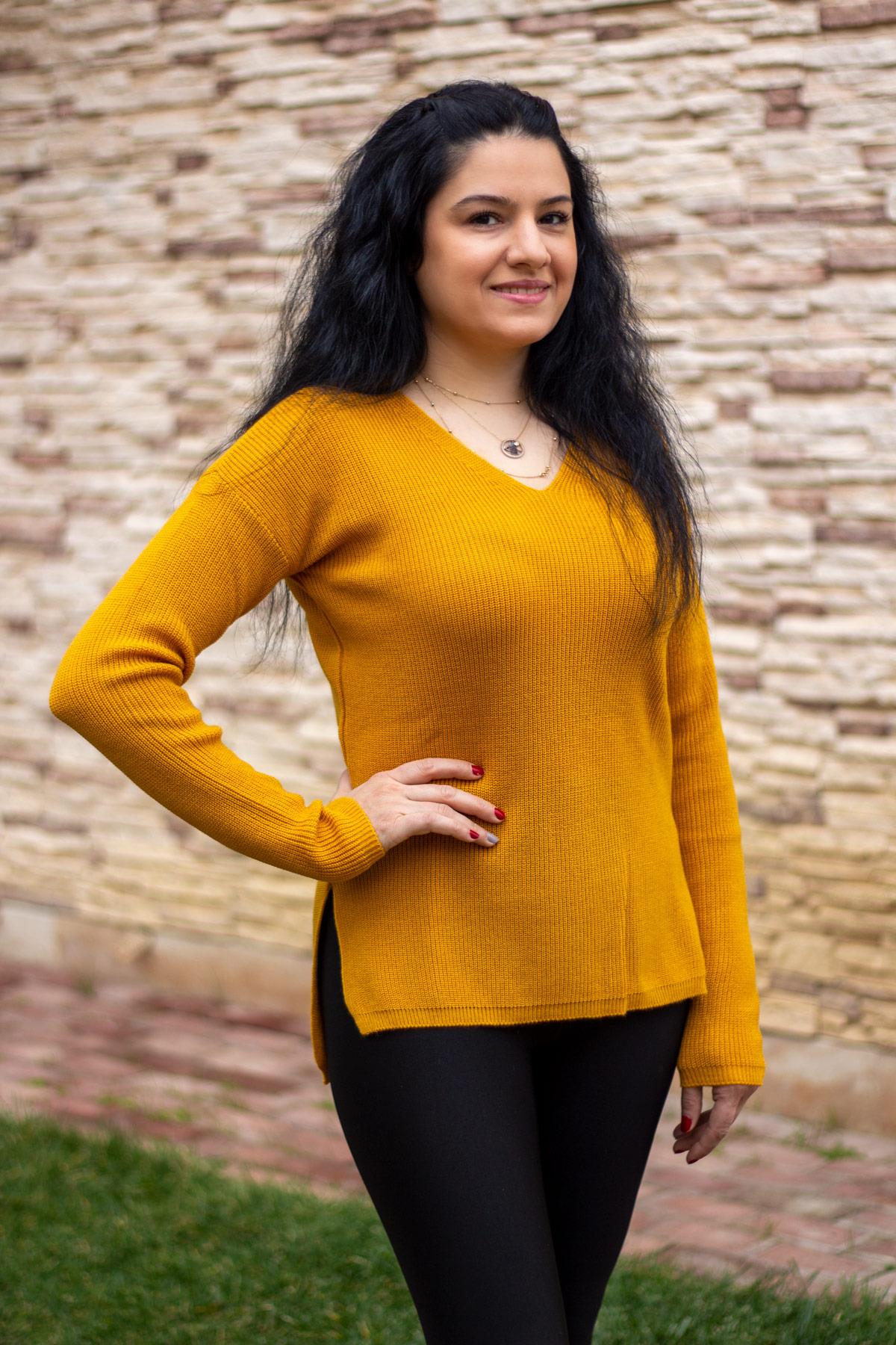 Hardal V Yaka Yırtmaçlı Fitilli Tiko Kadın Tunik Kazak 20KKZKYRTC