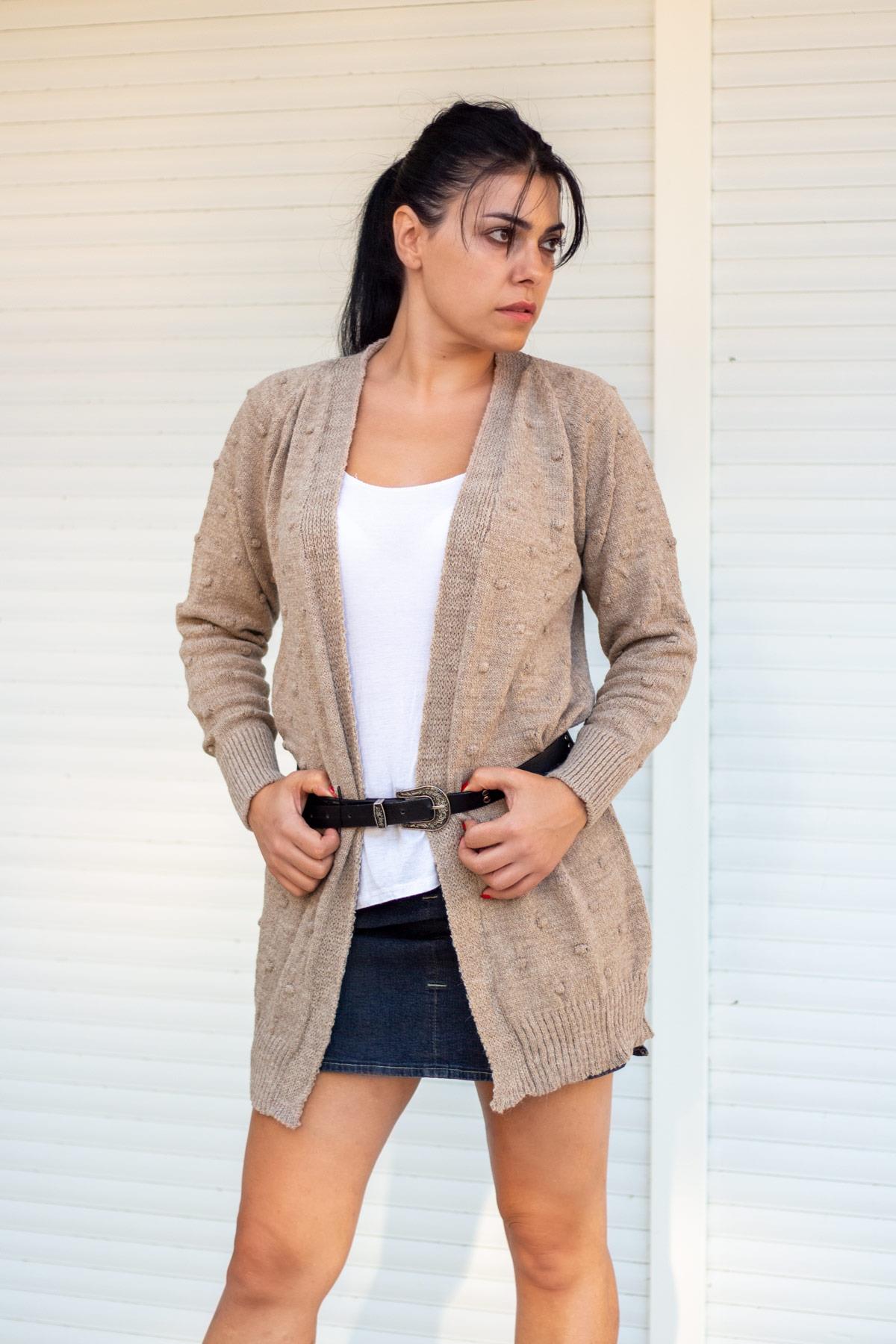 Kadın Bej Ajurlu Örgü Triko Hırka Ceket 21KHRKPNTY