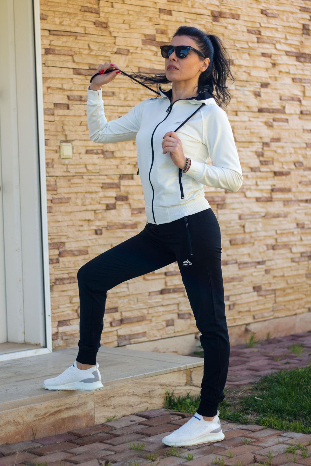 Kadın Krem Ekru Boydan Fermuarlı Kapüşonlu Paça Lastikli Spor Eşofman Takımı 22KESTAQ11