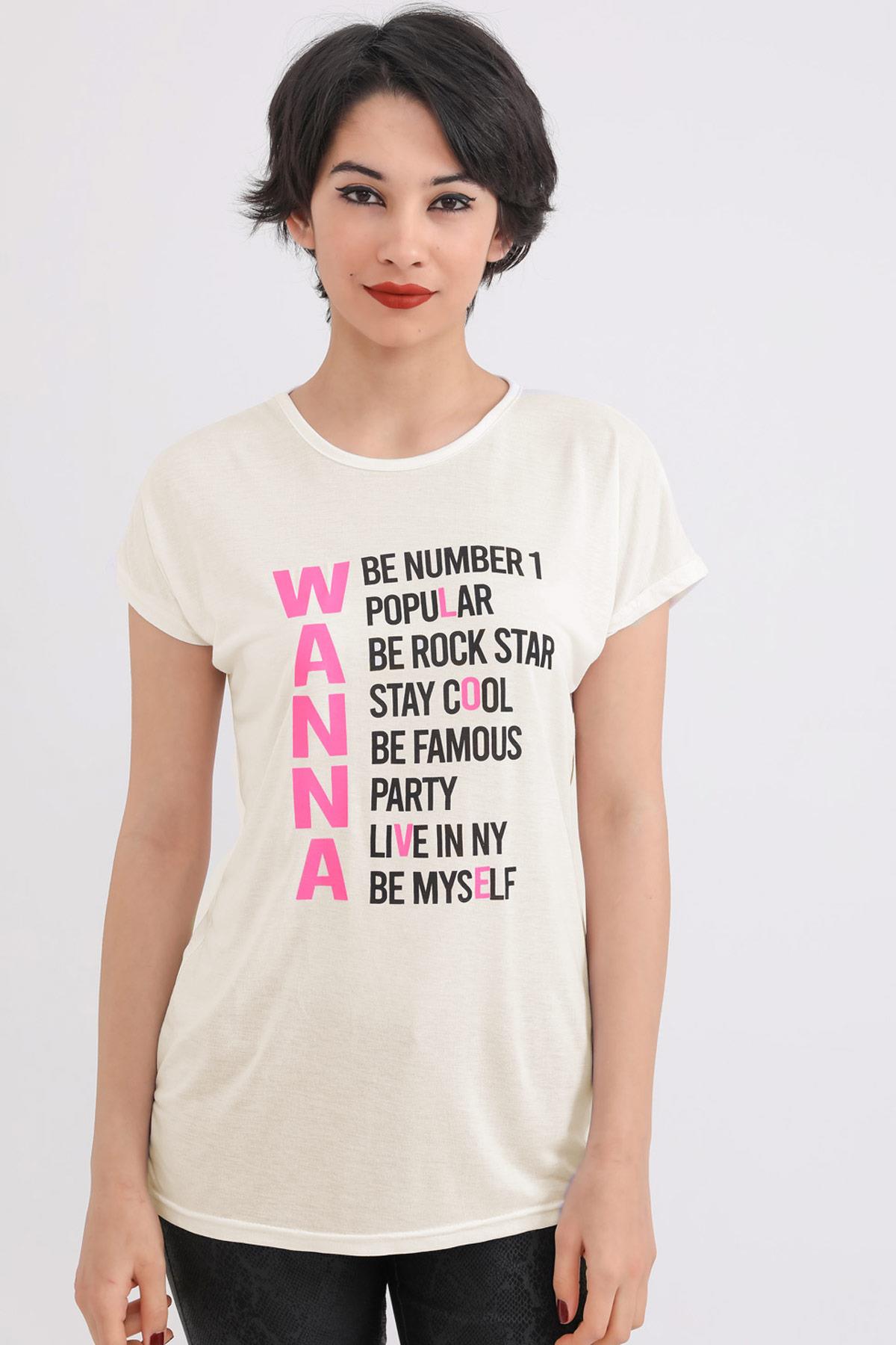 Kadın Ekru Wanna Kısa Kollu İnce Tişört 20TSHBY001