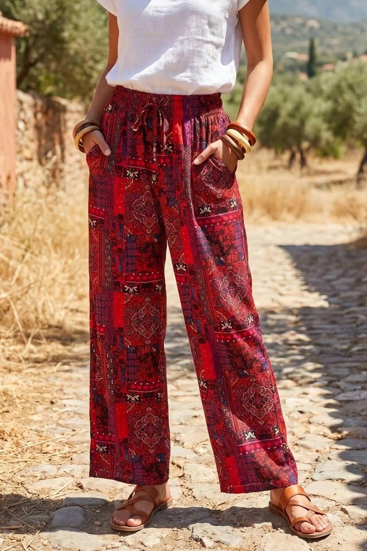 Kadın Bordo Paisley Anadolu Motif Rahat Dökümlü Bol Paça Dokuma Şalvar 25KSLVH504