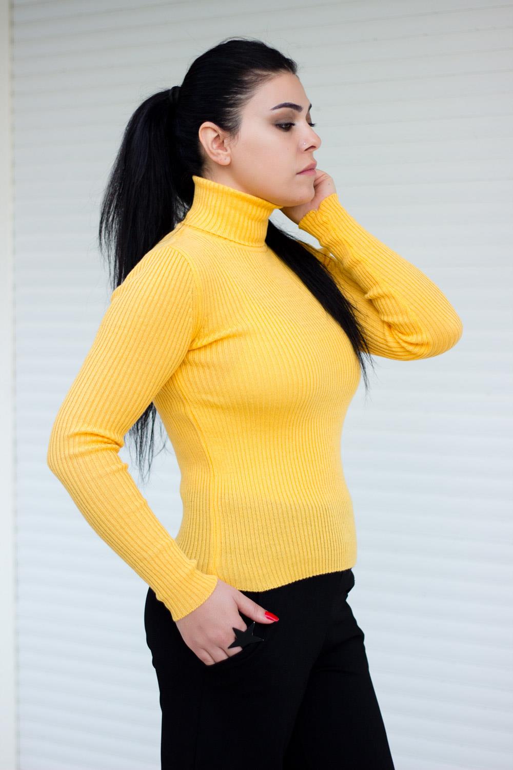 Hardal Tam Balıkçı Yaka Fitilli Triko Kadın Kazak 20KKZKBALK