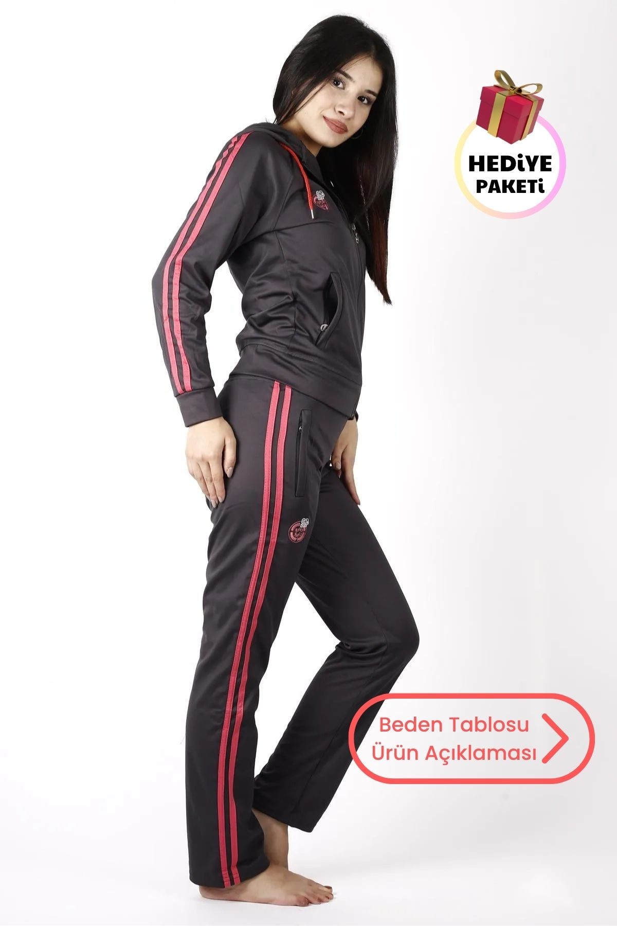 Kadın Füme Fuşya Şeritli Fermuarlı Kapüşonlu Dalgıç Scuba Alt Üst Spor Eşofman Takımı 21KESTAX11