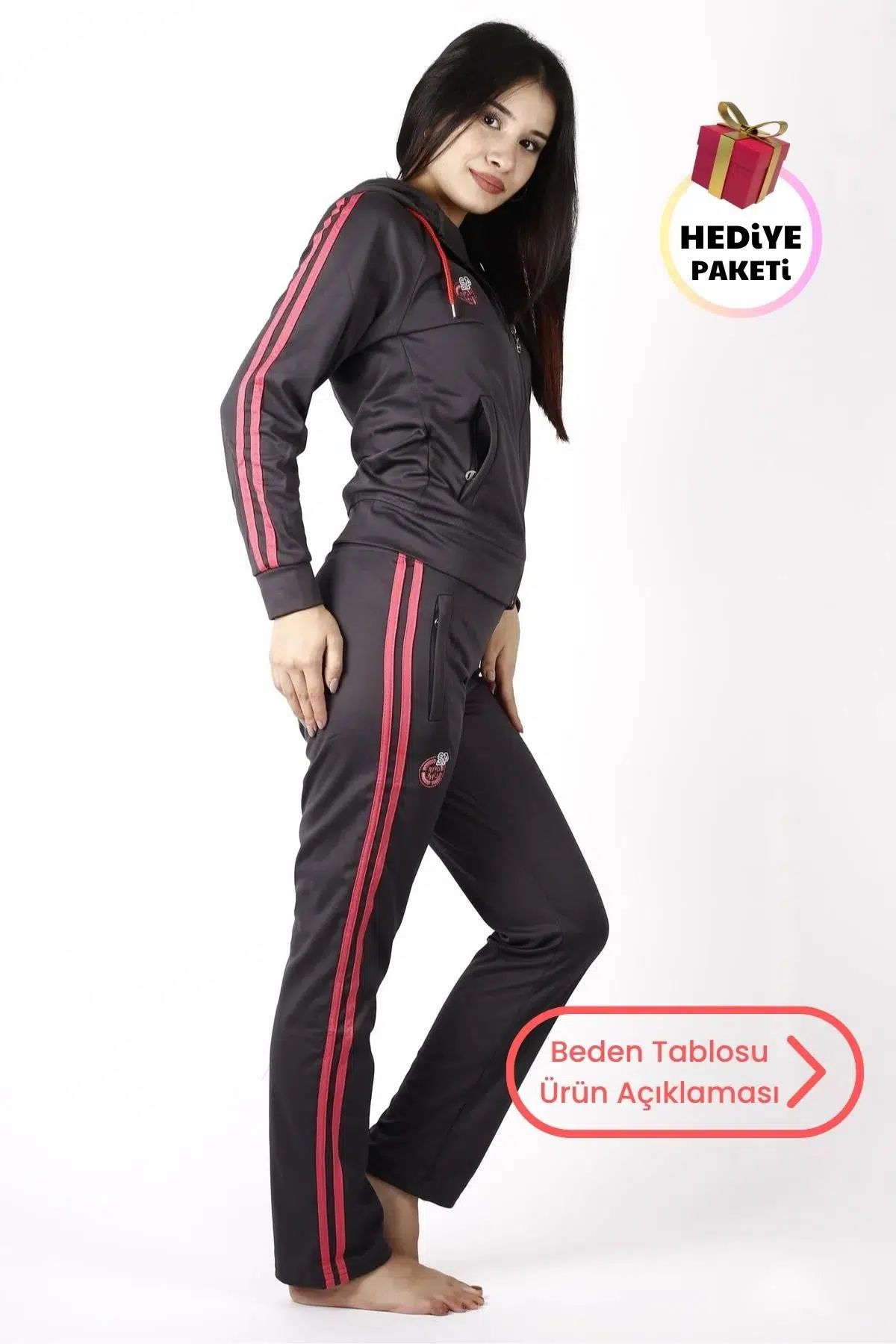 Kadın Füme Fuşya Şeritli Fermuarlı Kapüşonlu Dalgıç Scuba Alt Üst Spor Eşofman Takımı 21KESTAX11