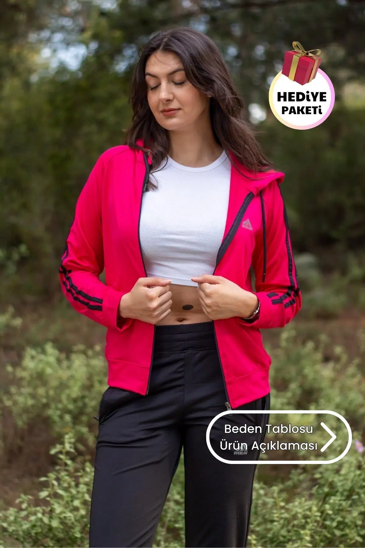 Kadın Fuşya Siyah Fermuarlı Kapüşonlu Dalgıç Scuba Kumaş Alt Üst Spor Eşofman Takımı 21KESTAX11