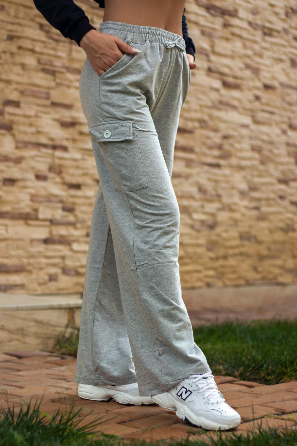 Kadın Gri 2 İki İplik Kargo Cep Pol Paça Rahat Eşofman Altı 23KESAX501