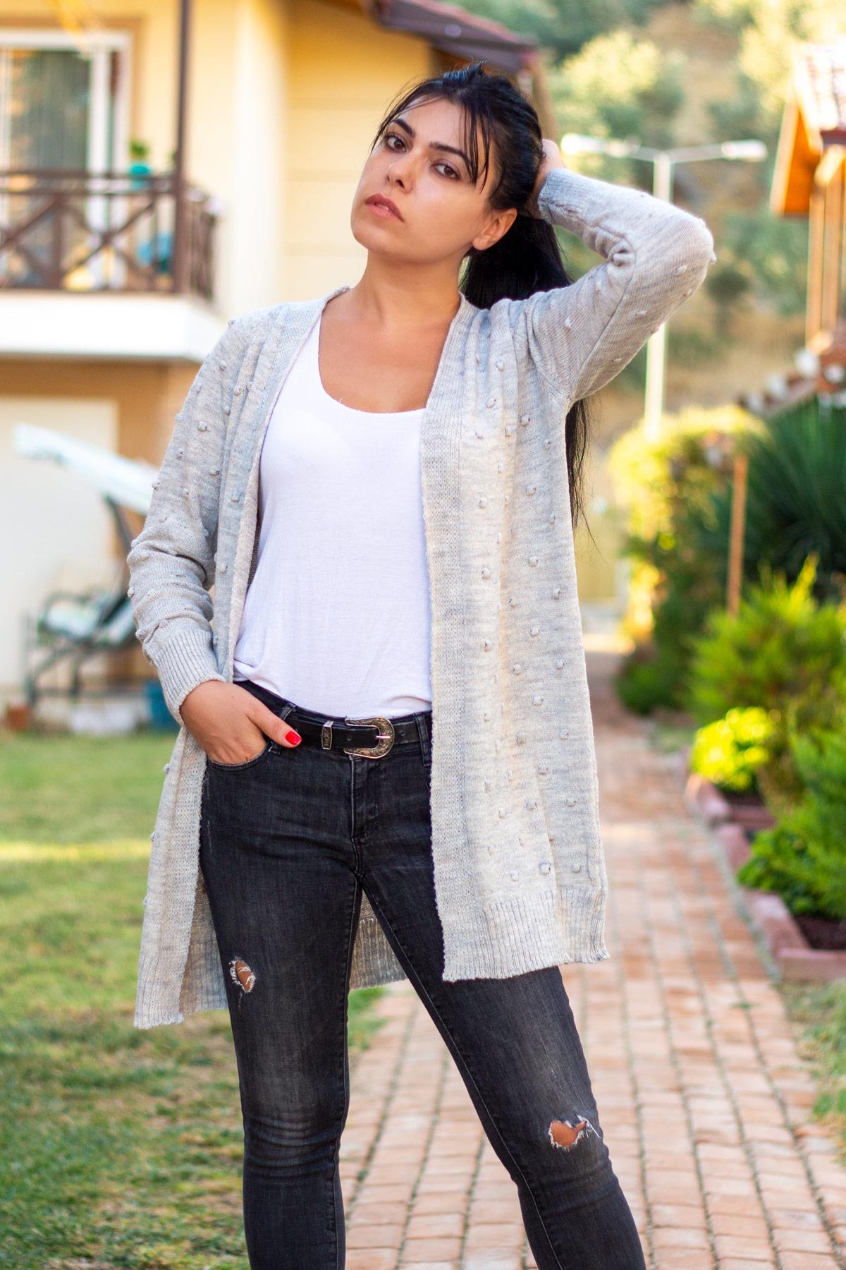 Kadın Gri Ajurlu Örgü Triko Hırka Ceket 21KHRKPNTY