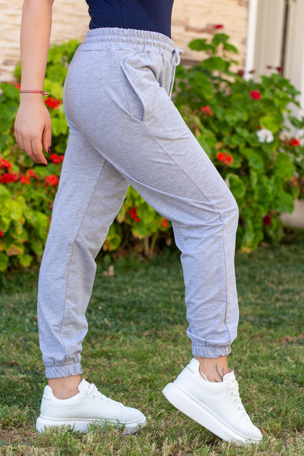 Kadın Gri Bel Lastikli Paça Ribanalı Eşofman Altı 21KESAOPAC