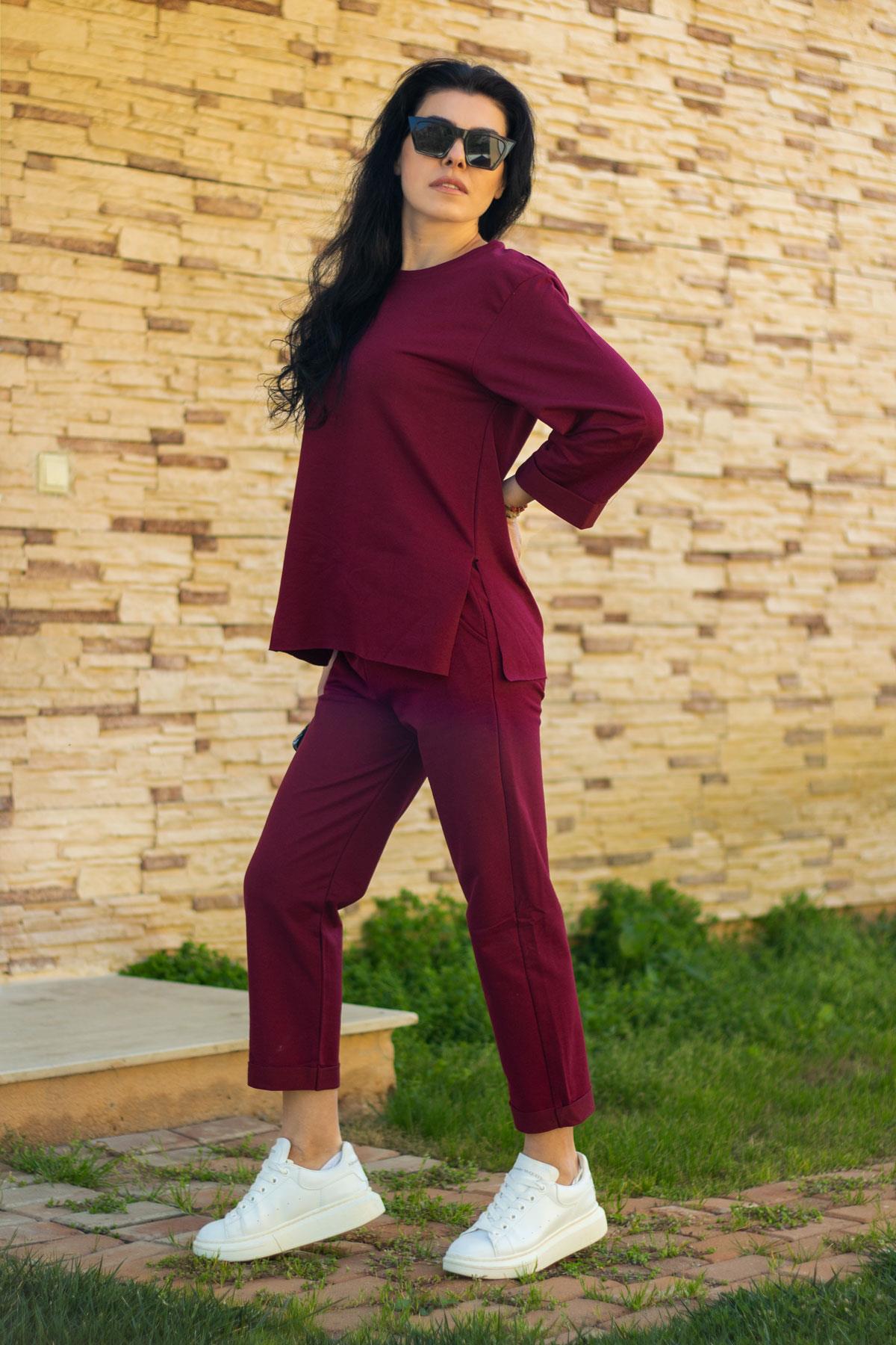 Kadın Bordo Basic Oversize Duble Kol Paça Eşofman Takımı 22KESTBTAK
