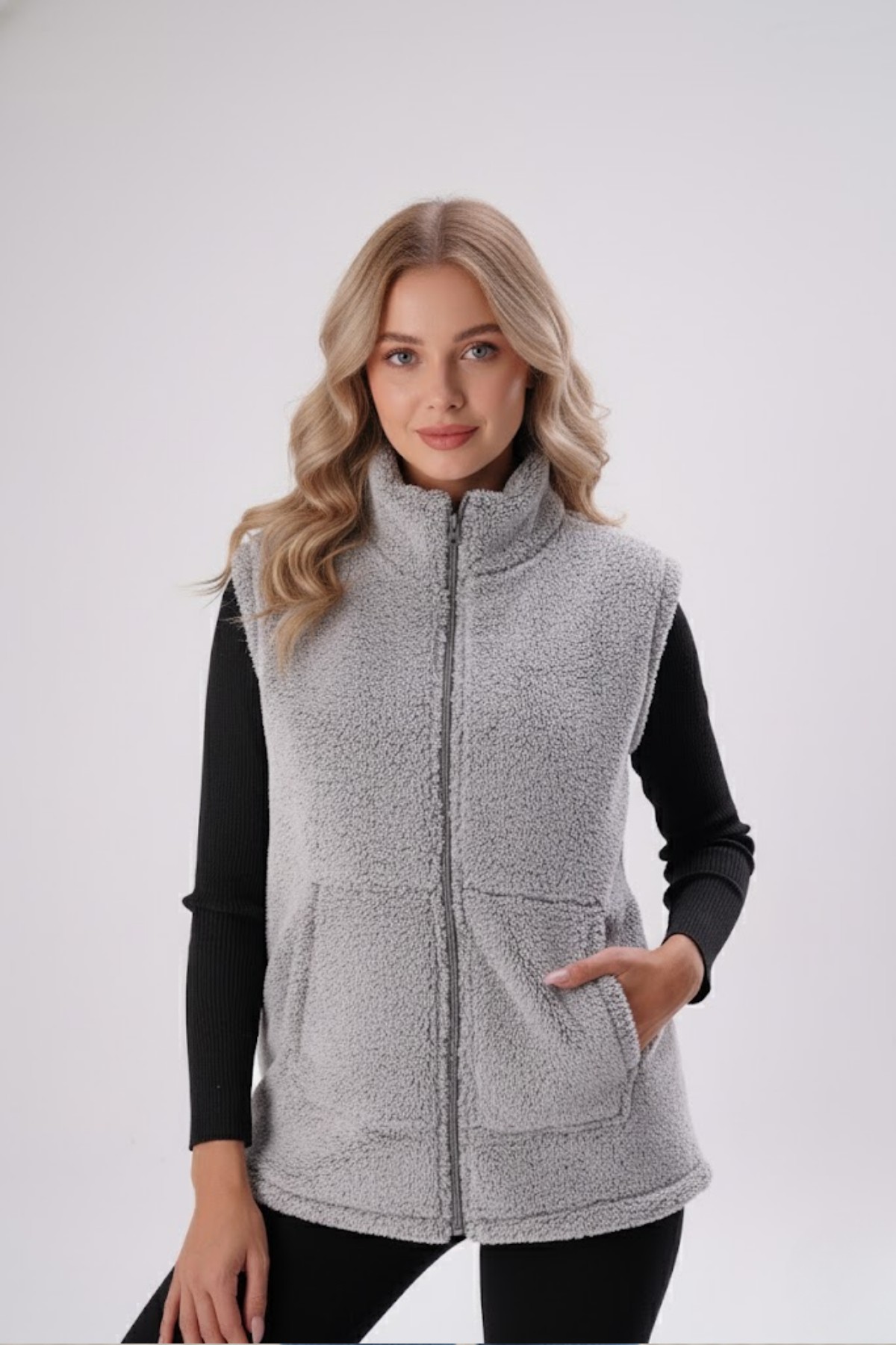 Kadın Gri Melanj Dik Yaka Kalın Peluş Fermuarlı Yelek 24KYLKK215