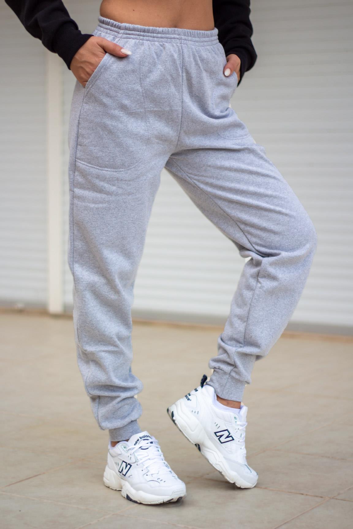 Kadın Gri Melanj İçi Yumuşak Bilek Ribanalı Lastikli Kalın Rahat Eşofman Altı 21KESAKNSP