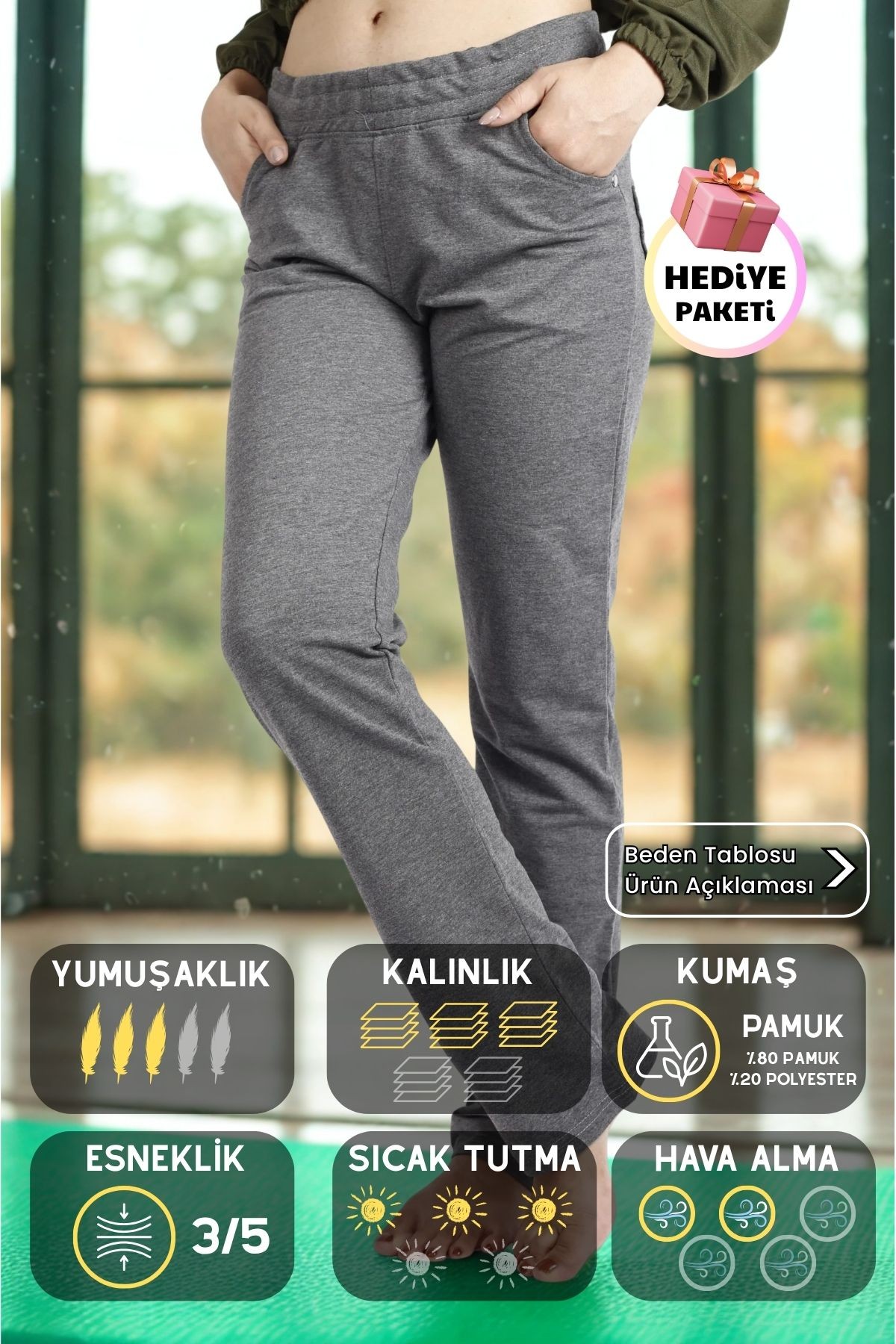 Kadın Gri Ön Arka Cep Gizli İpli Lastikli Rahat Pantolon Eşofman Altı 21KESAPANT