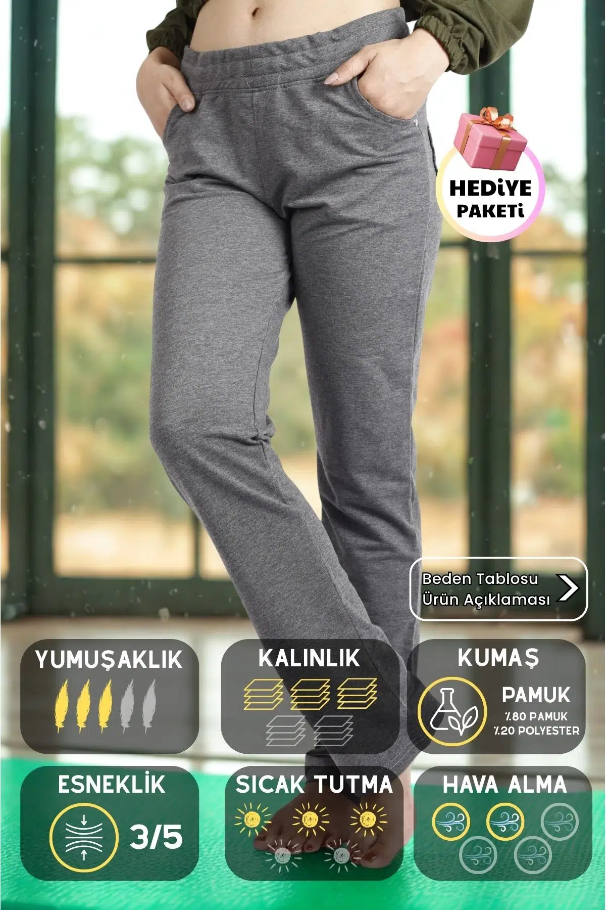 Kadın Gri Ön Arka Cep Gizli İpli Lastikli Rahat Pantolon Eşofman Altı 21KESAPANT