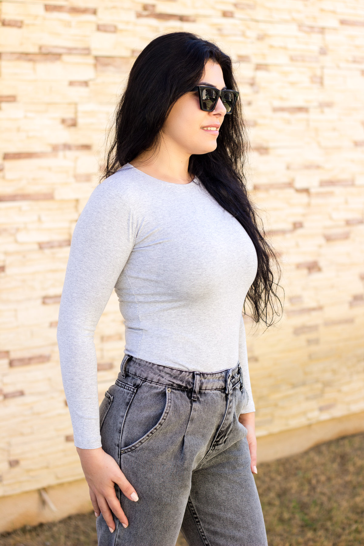 Kadın Gri Uzun Kollu %100 Pamuk Bisiklet Yaka İnce Body 20KBDYBYUV