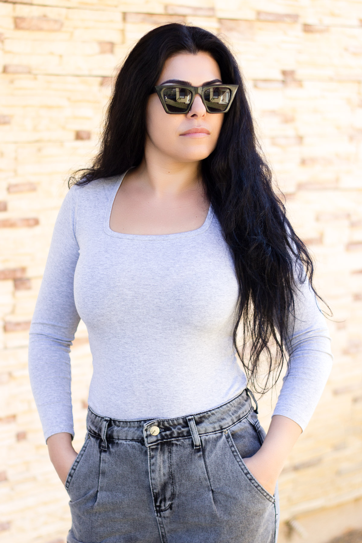 Kadın Gri Uzun Kollu %100 Pamuk Kare Yaka İnce Body 20KBDYBKRE