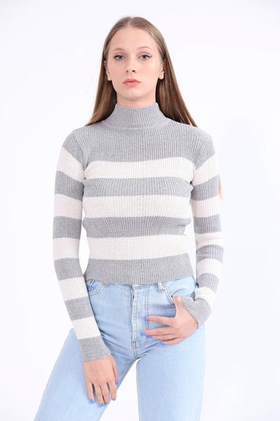Kadın Gri Yarım Balıkçı Yaka Çizgili Triko Kazak 21KKZKBYEZ