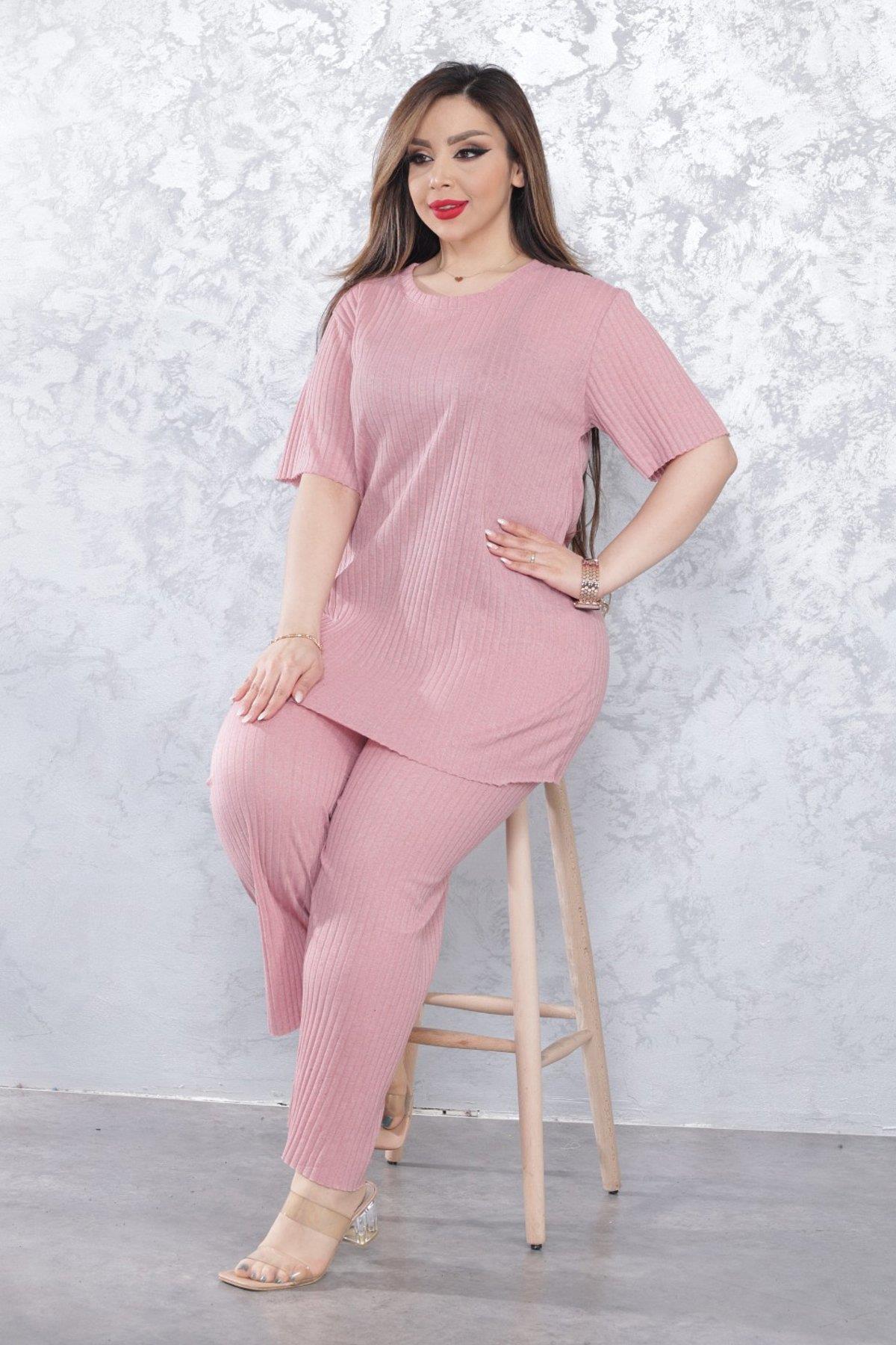 Kadın Gül Kurusu Büyük Beden Battal Pamuk Düz Pijama Takımı 23KPJTKUKU