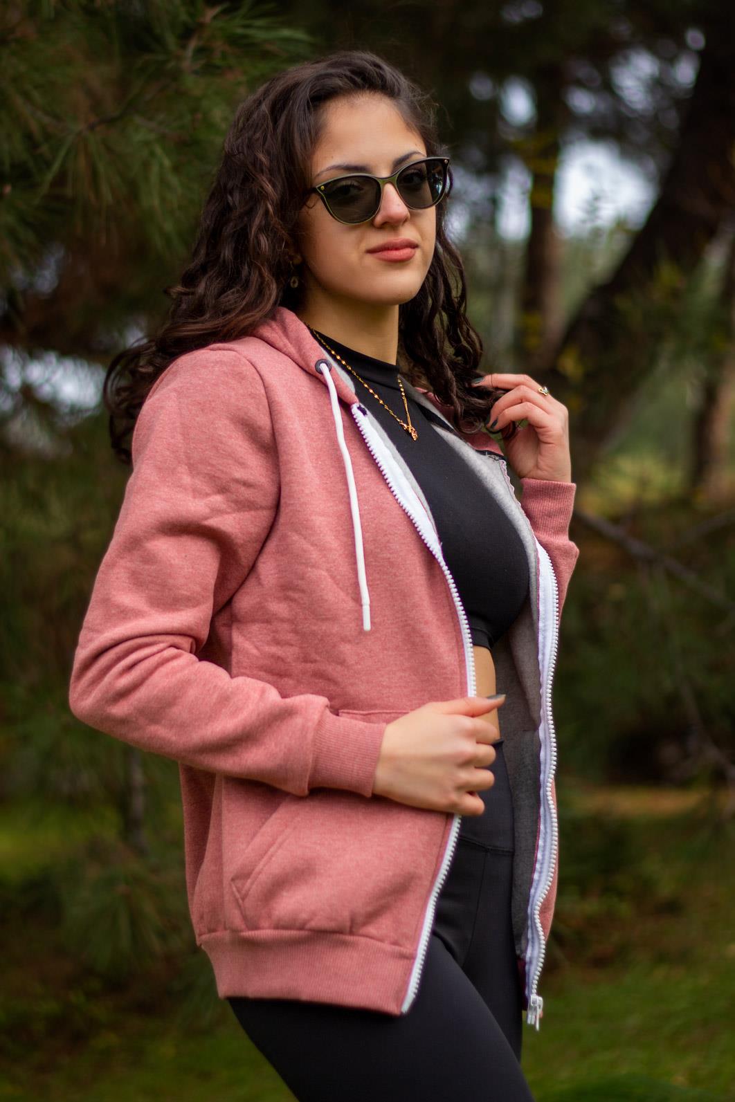 Kadın Gül Kurusu Pembe Ekstra Kalın Üç İplik Pamuk Fermuarlı Kapüşonlu Ceket Hırka 24KCKTUCCT