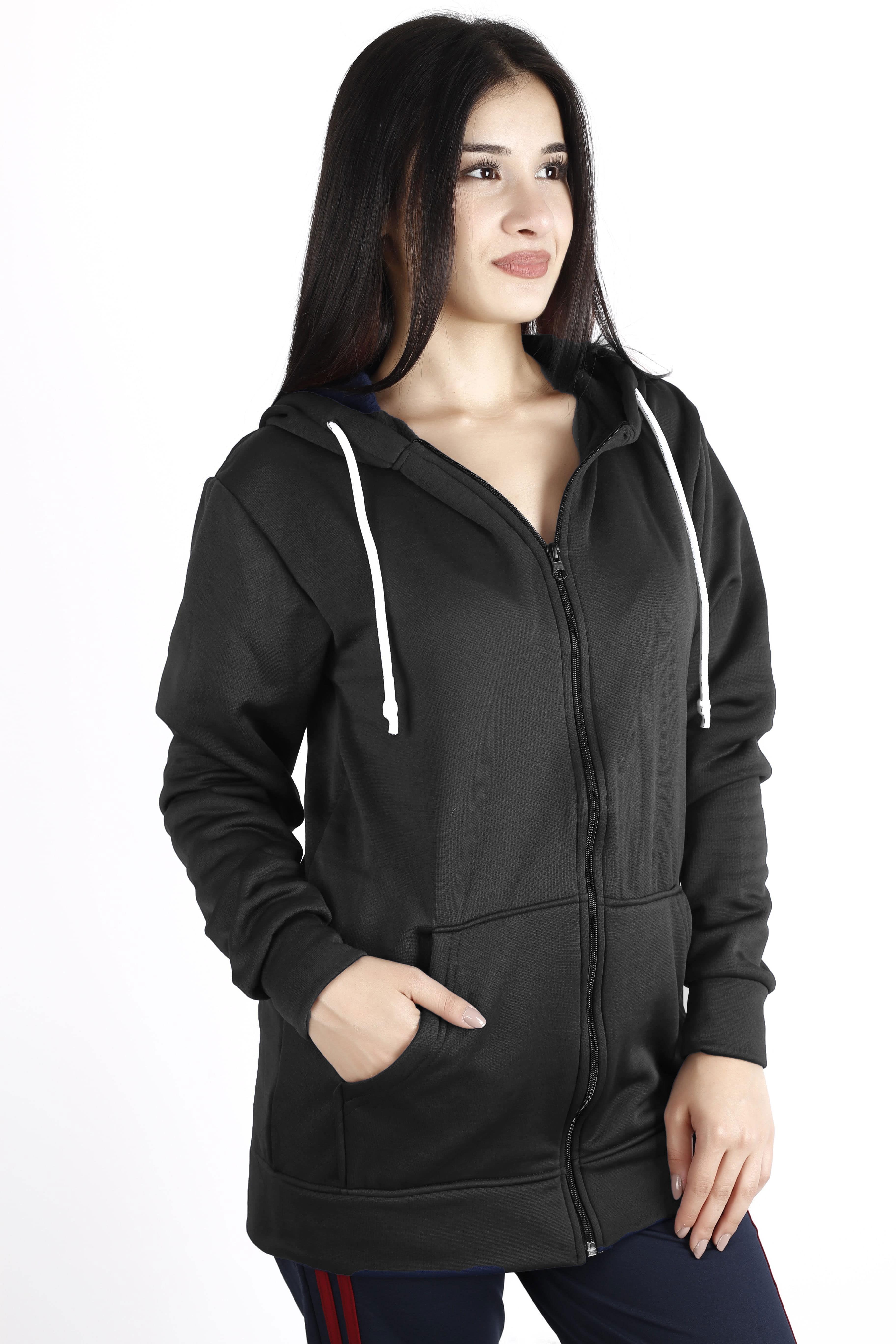 Kadın Siyah İçi Yumuşak Kalın Polar Fermuarlı Kapüşonlu Ceket Sweatshirt 22KSWTPALM