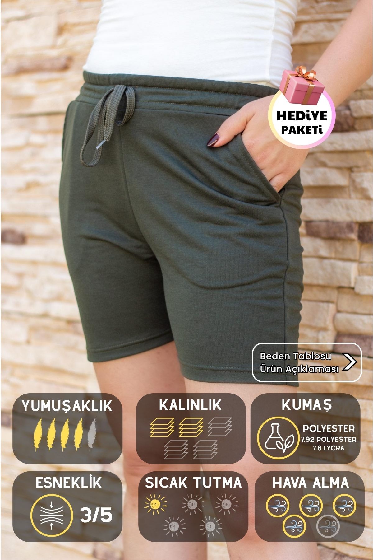 Kadın Haki Kısa Penye Belden İpli Şort 21KSRTKPEN