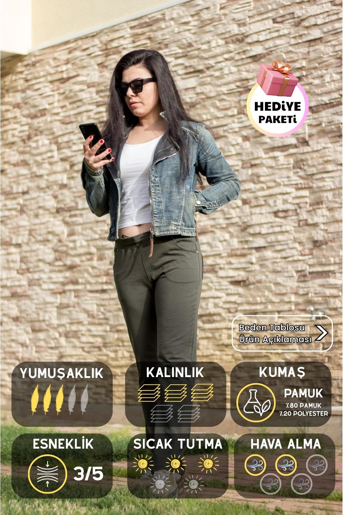 Kadın Haki Ön Arka Cep Gizli İpli Lastikli Rahat Pantolon Eşofman Altı 21KESAPANT