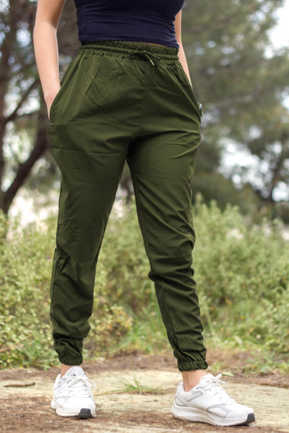 Kadın Haki Paraşüt Kumaş Bilek ve Bel Lastikli İpli Rahat Basic Eşofman Altı 24KESAOMPA