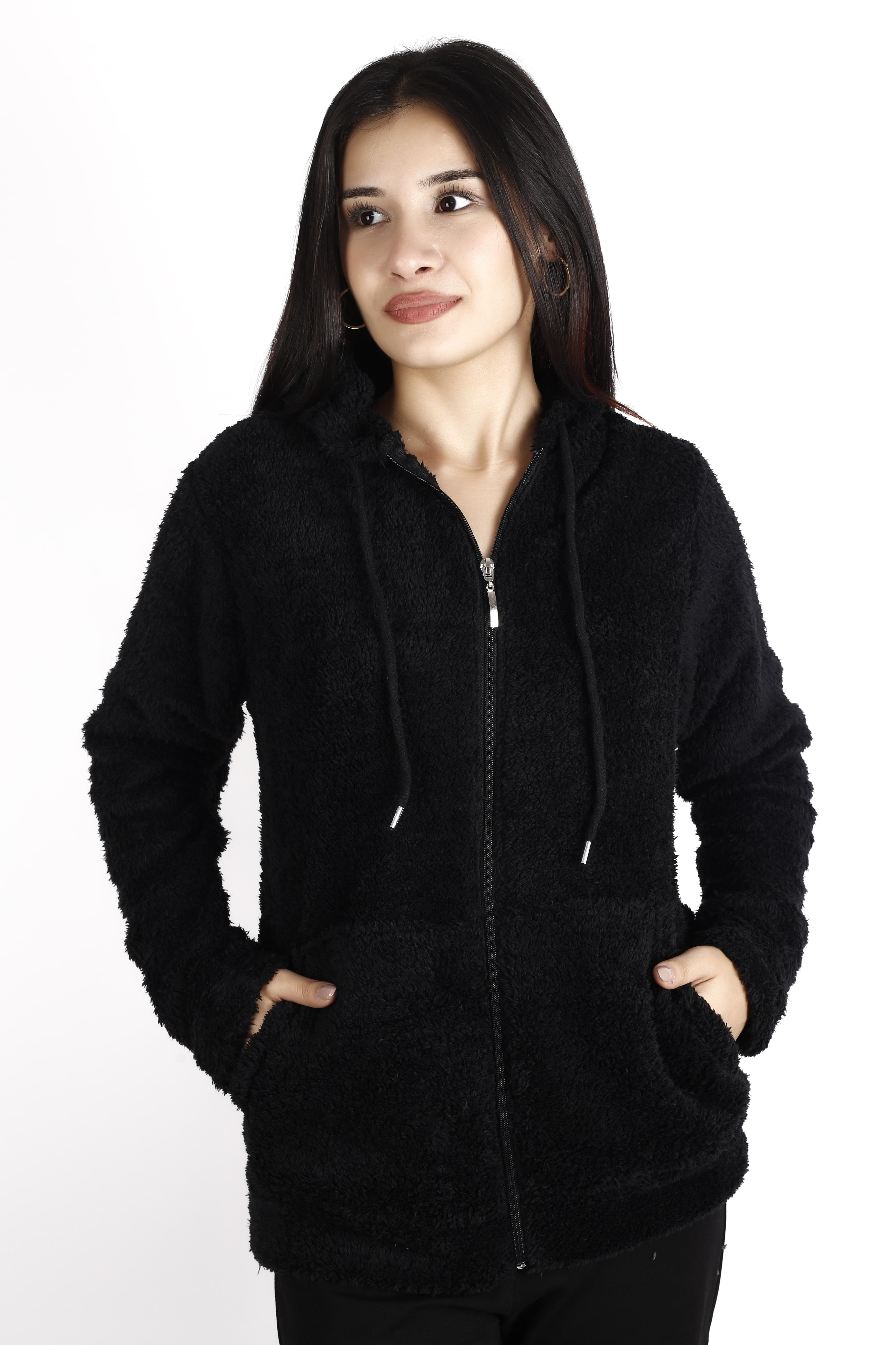 Kadın Siyah Peluş Yumoş Fermuarlı Kapüşonlu Cepli Welsoft Ceket 22KCKTERES