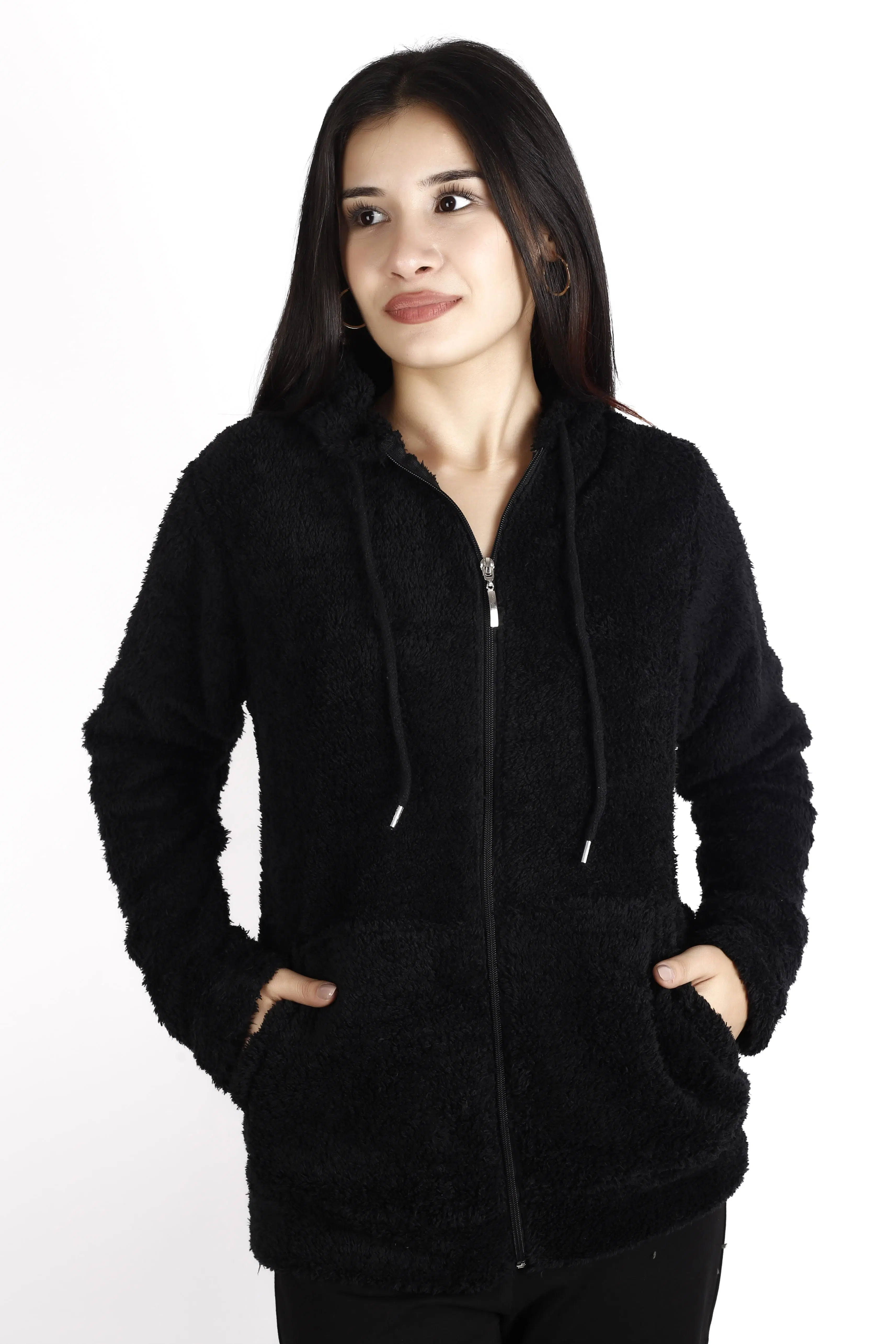 Kadın Siyah Peluş Yumoş Fermuarlı Kapüşonlu Cepli Welsoft Ceket 22KCKTERES