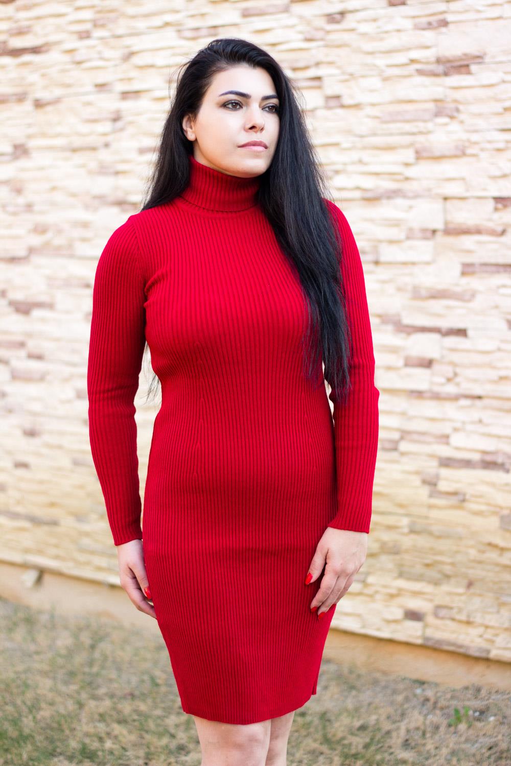 Kadın Kırmızı Kollu Boğazlı Fitilli Triko Diz Üstü Elbise 20KELBBELB