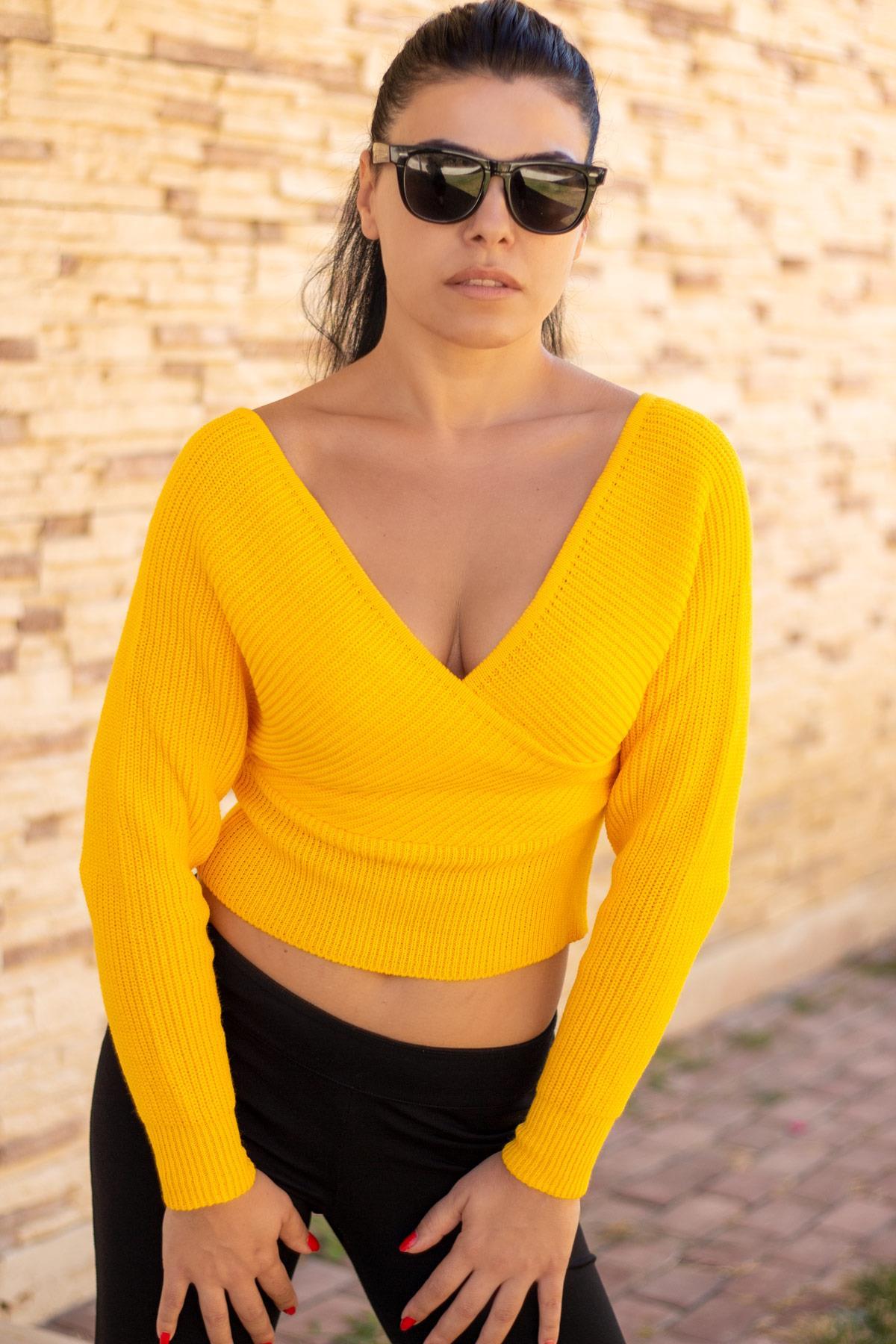 Kadın Sarı Kruvaze V Yaka Fitilli Tiko Kazak 21KKZKKRVZ