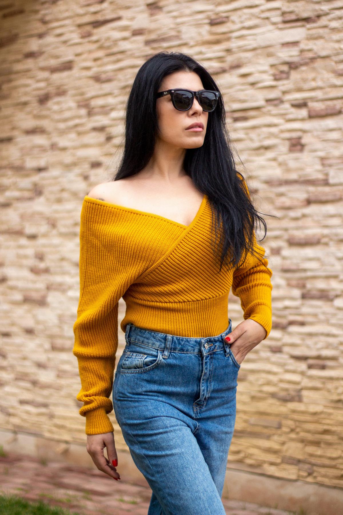 Kadın Hardal Kruvaze V Yaka Fitilli Tiko Kazak 20KKZKKRVZ