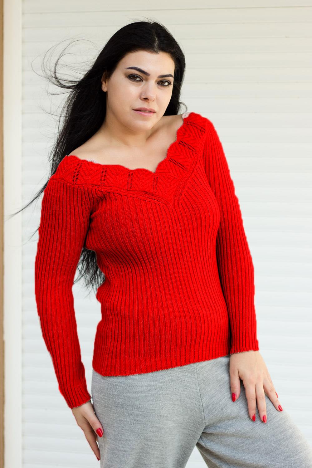 Kadın Kırmızı Ön Arka V Yaka Fitilli Tiko Kazak 20KKZKVALK