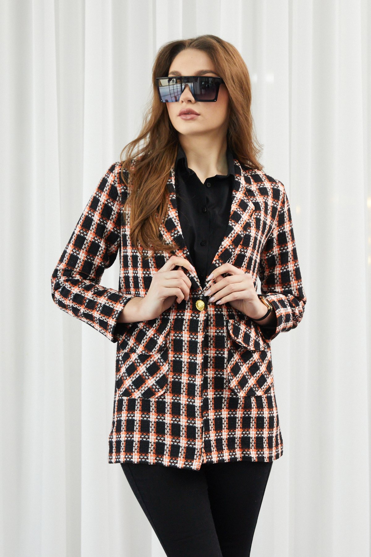 Kadın Kiremit Siyah Çift Cepli Düğmeli Ekose Ceket 23KCKTZ186