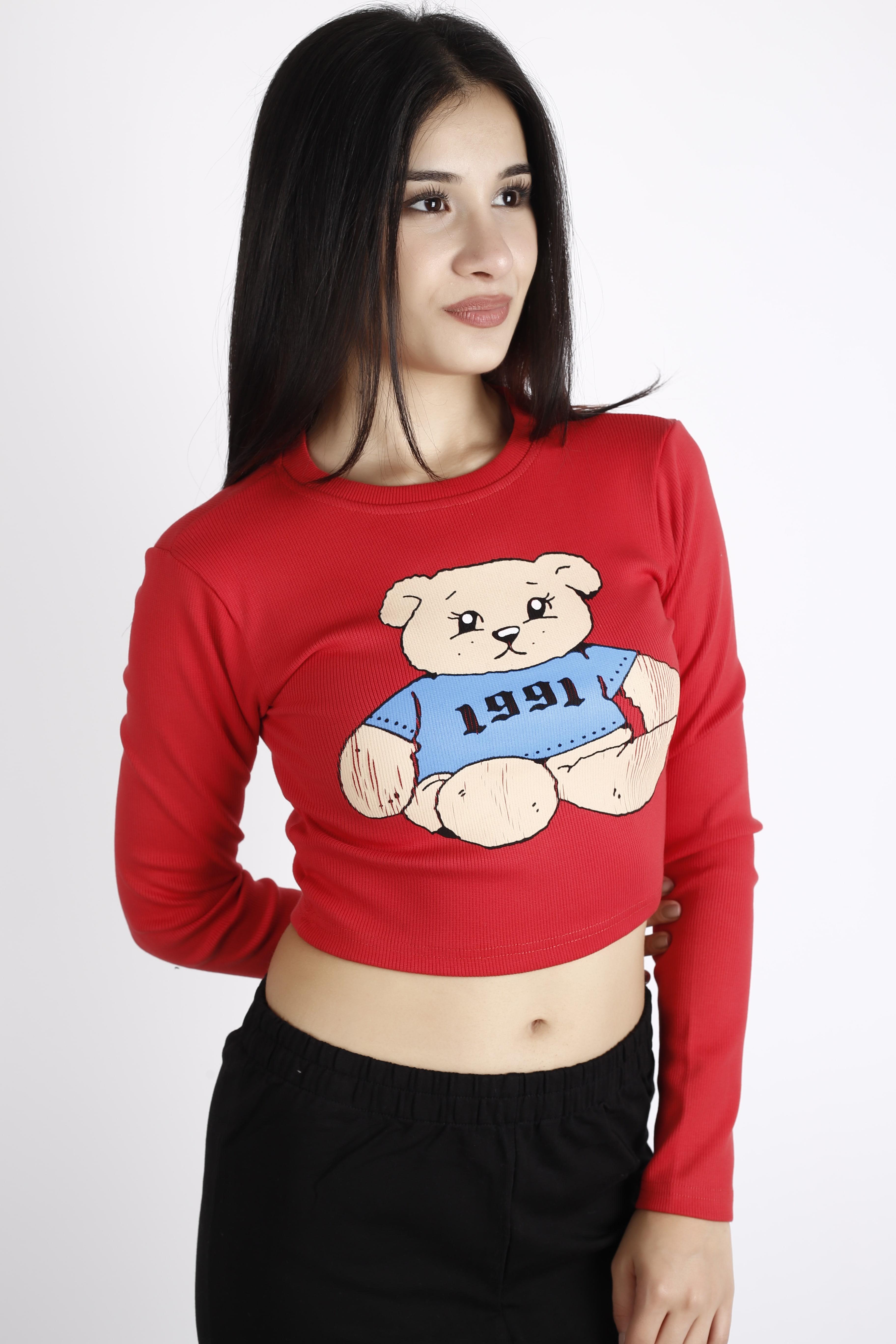 Kadın Kırmızı 1991 Ayıcık Baskılı Retro Fitilli Uzun Kollu Crop İnce Kazak 22KKZKMIZI