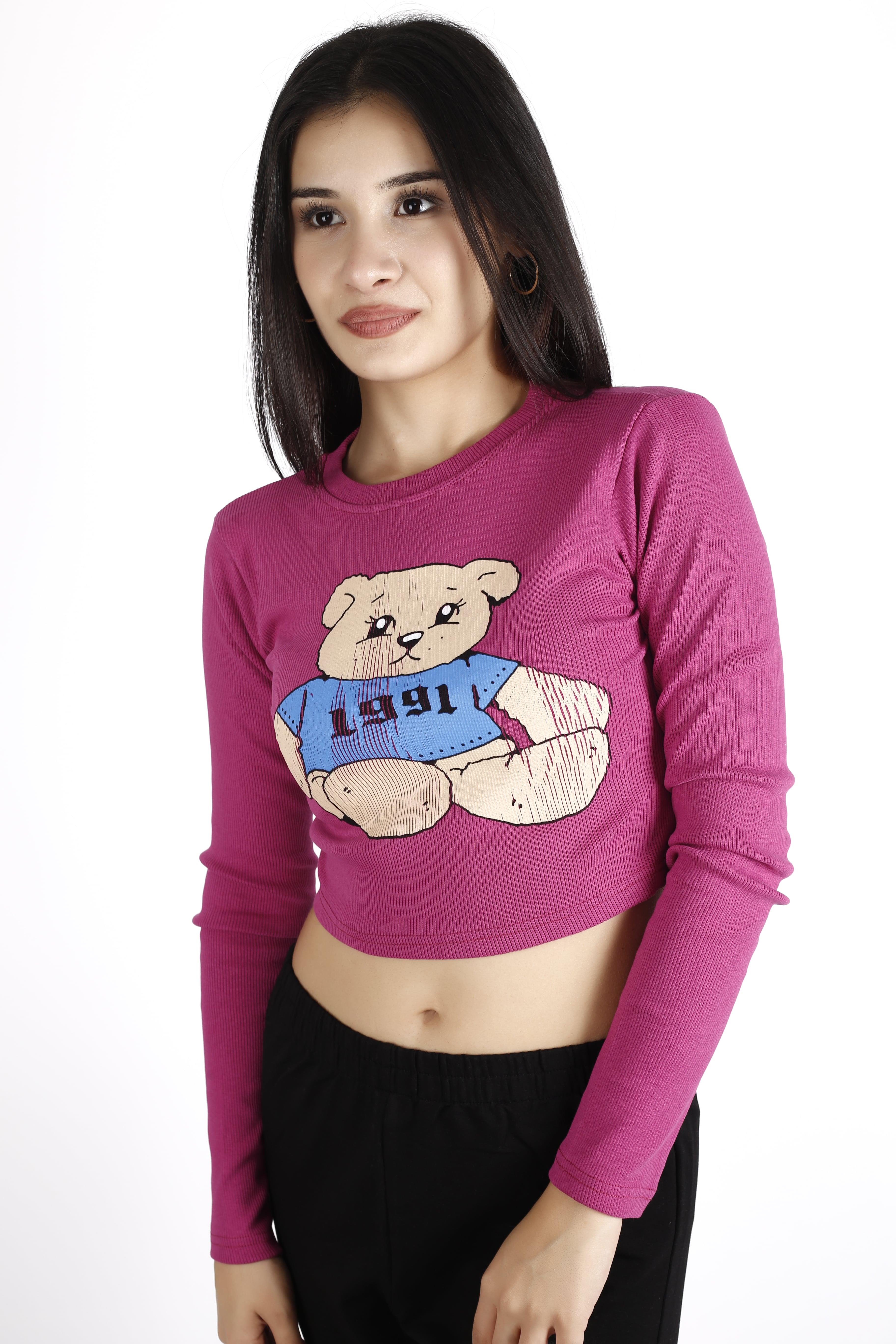 Kadın Koyu Pembe 1991 Ayıcık Baskılı Retro Fitilli Uzun Kollu Crop İnce Kazak 22KKZKMIZI