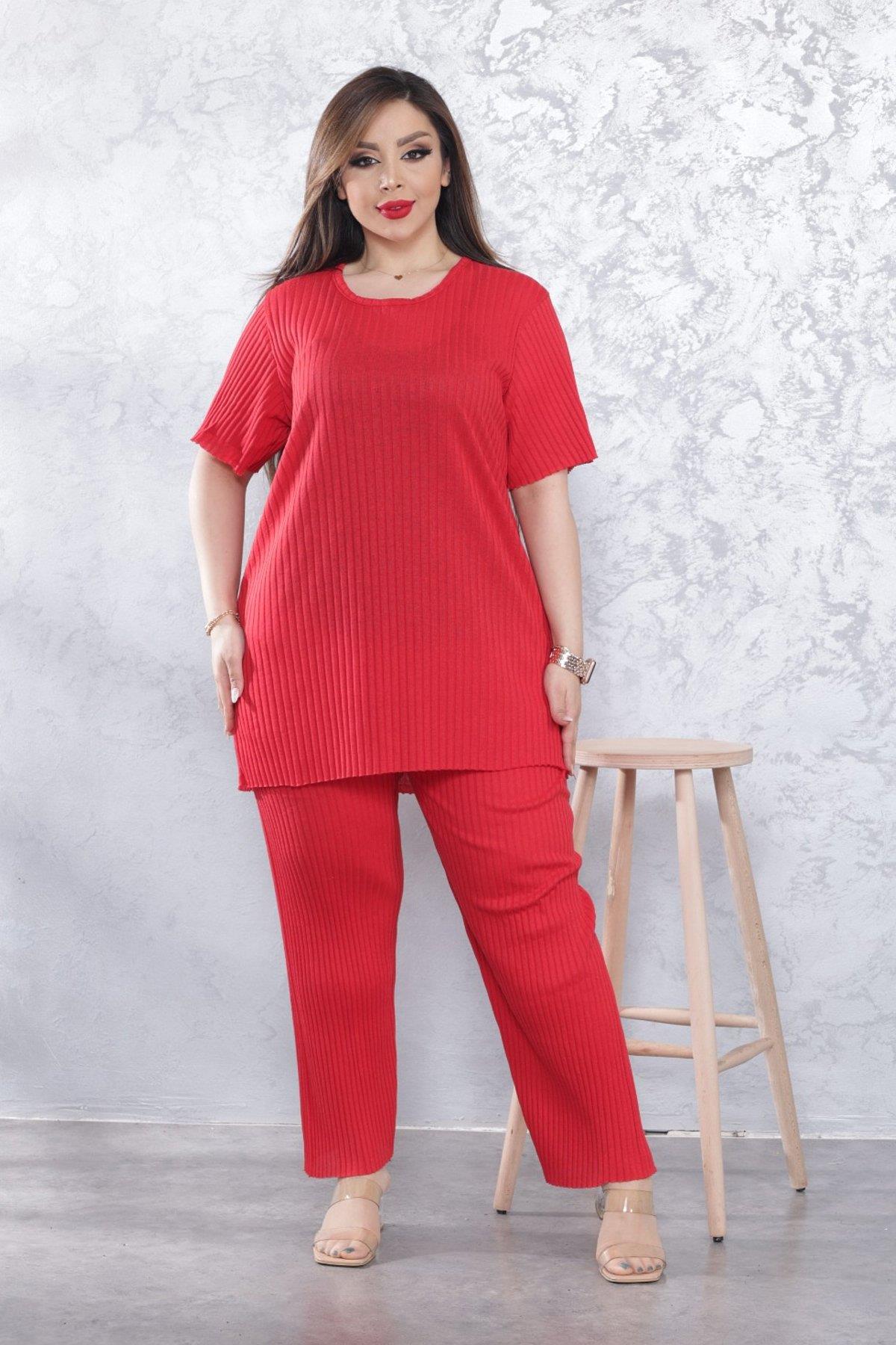 Kadın Kırmızı Büyük Beden Battal Pamuk Düz Pijama Takımı 23KPJTKUKU