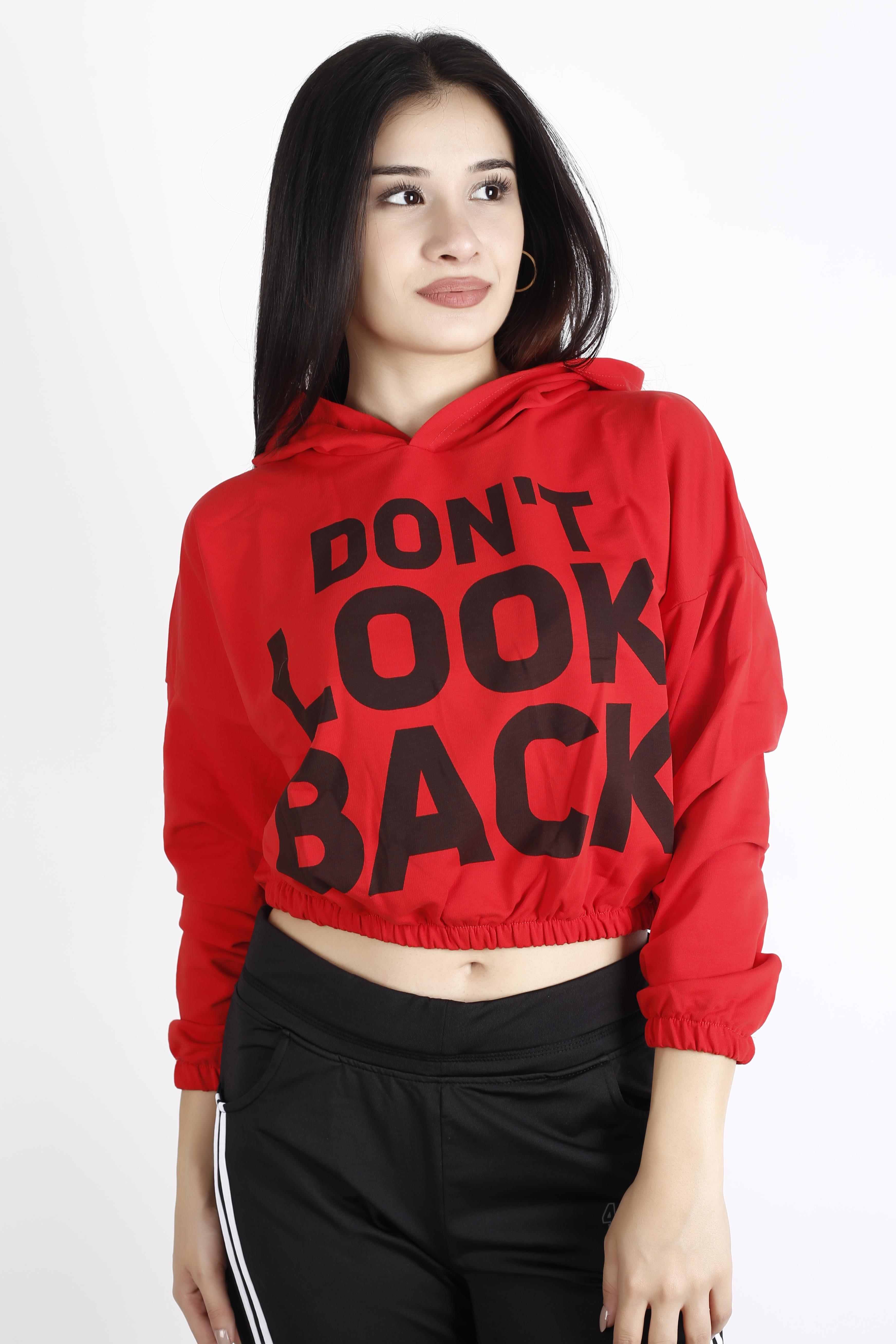 Kadın Kırmızı Dont Look Back Ön Arka Yazı Baskılı Kapüşonlu Crop Sweatshirt 22KSWTDONT