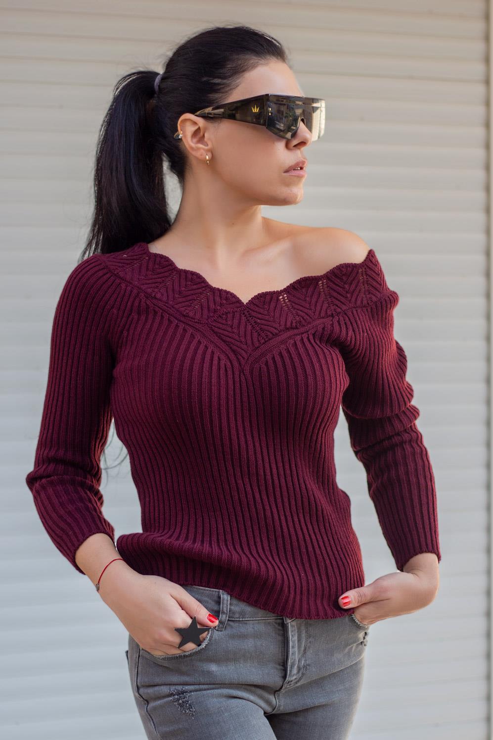 Kadın Mürdüm Ön Arka V Yaka Fitilli Tiko Kazak 20KKZKVALK