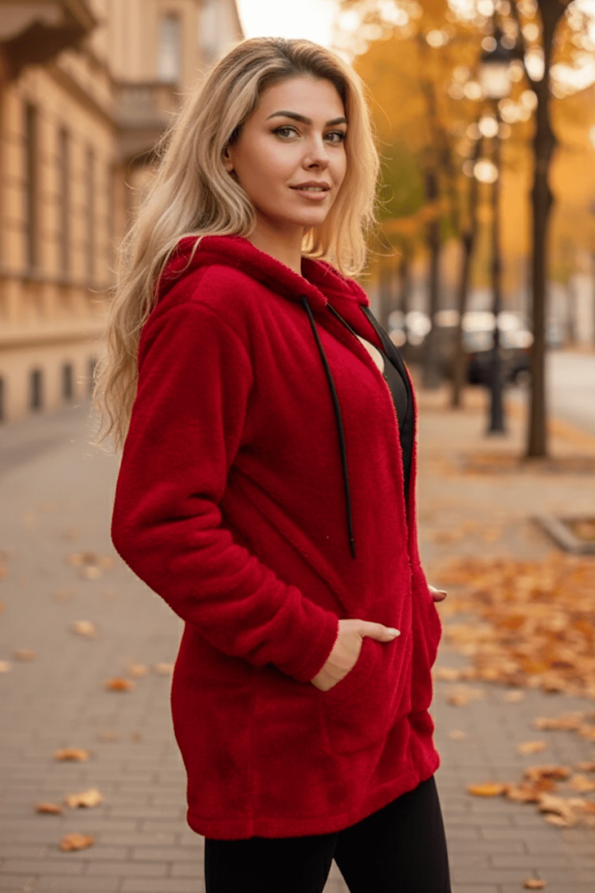 Kadın Kırmızı Peluş Kalın Fermuarlı Kapüşonlu Cepli Ceket 23KCKTMY50