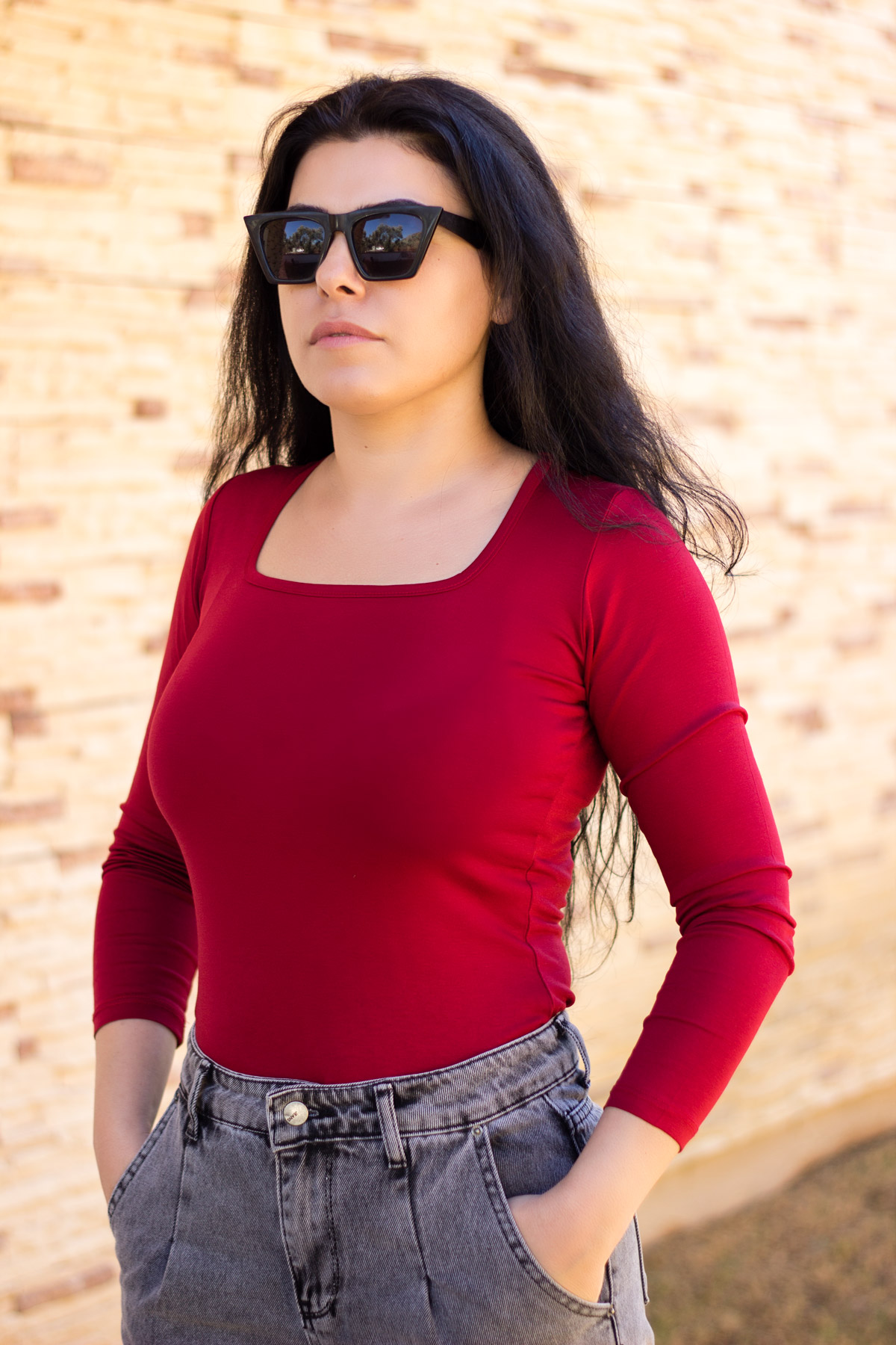 Kadın Kırmızı Uzun Kollu %100 Pamuk Kare Yaka İnce Body 20KBDYBKRE