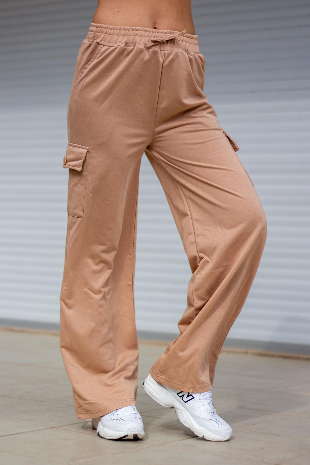 Kadın Krem Bej 2 İki İplik Kargo Cep Pol Paça Rahat Eşofman Altı 23KESAX501