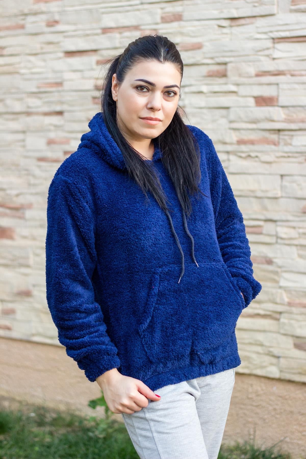 Kadın Saks Kanguru Cep Bel Lastikli Kapüşonlu Yumoş Peluş Sweatshirt 21KSWTKOZZ