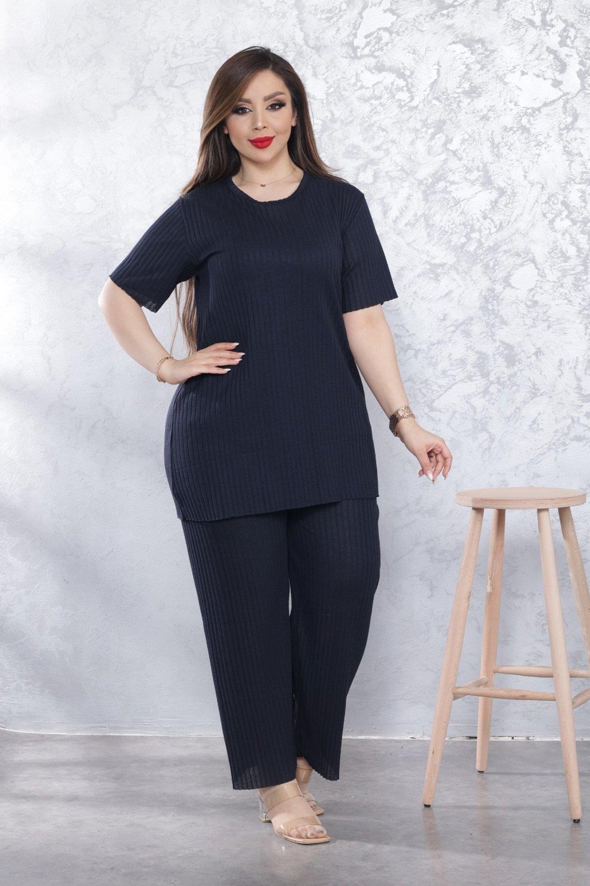 Kadın Lacivert Büyük Beden Battal Pamuk Düz Pijama Takımı 23KPJTKUKU