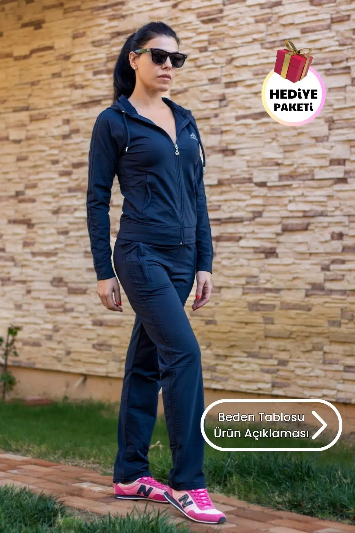 Kadın Lacivert Fermuarlı Kapüşonlu Dalgıç Scuba Kumaş Spor Eşofman Takımı 21KESTAX11