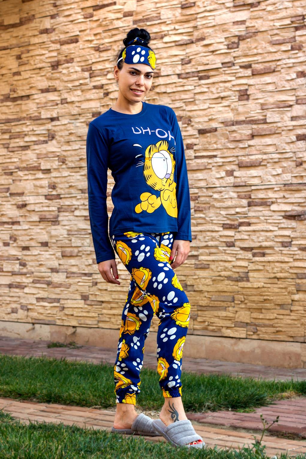 Kadın Lacivert Garfield Baskılı Paça Lastikli İnce Pijama Takımı 22KPJTGARF