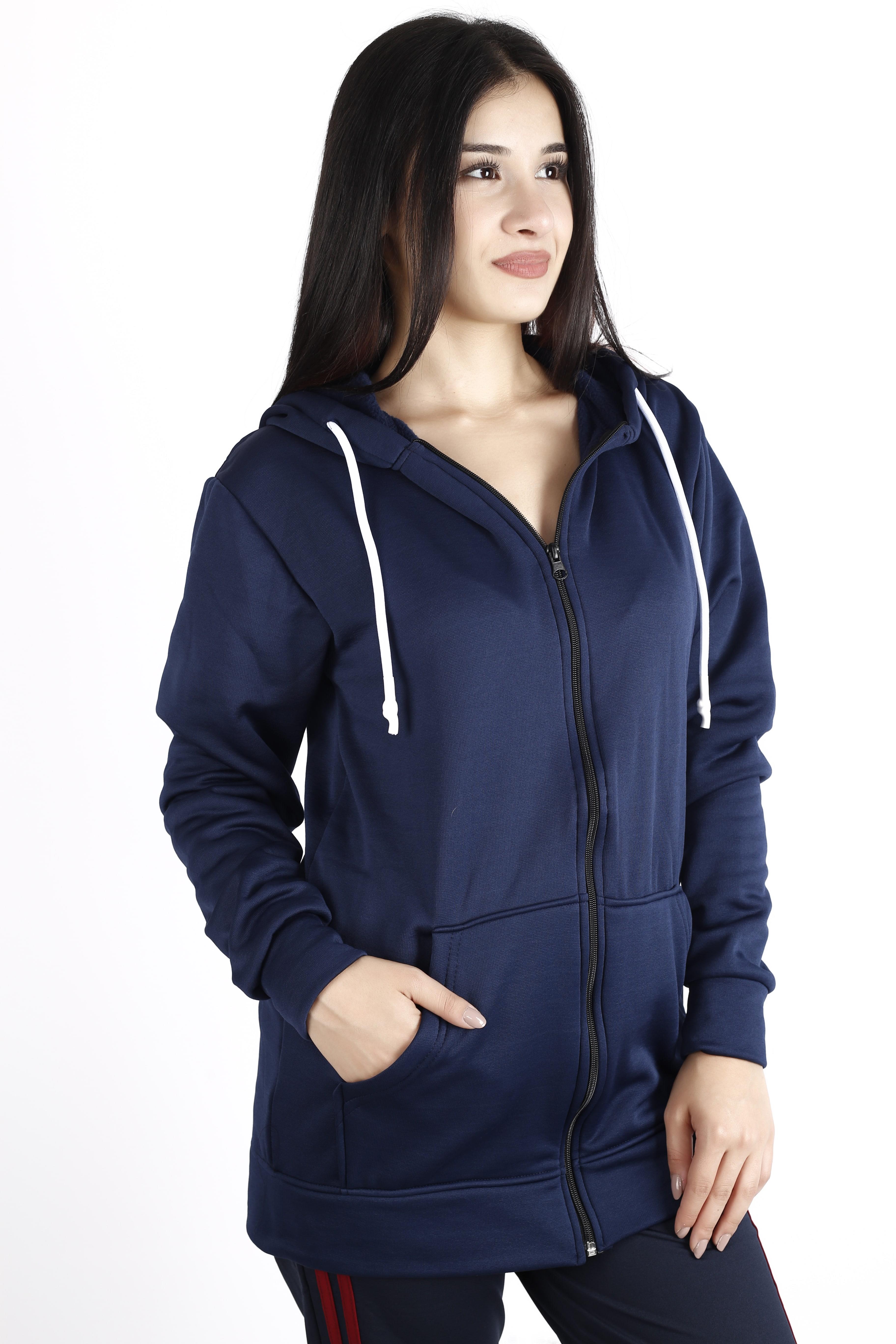 Kadın Lacivert İçi Yumuşak Kalın Polar Fermuarlı Kapüşonlu Ceket Sweatshirt 22KSWTPALM