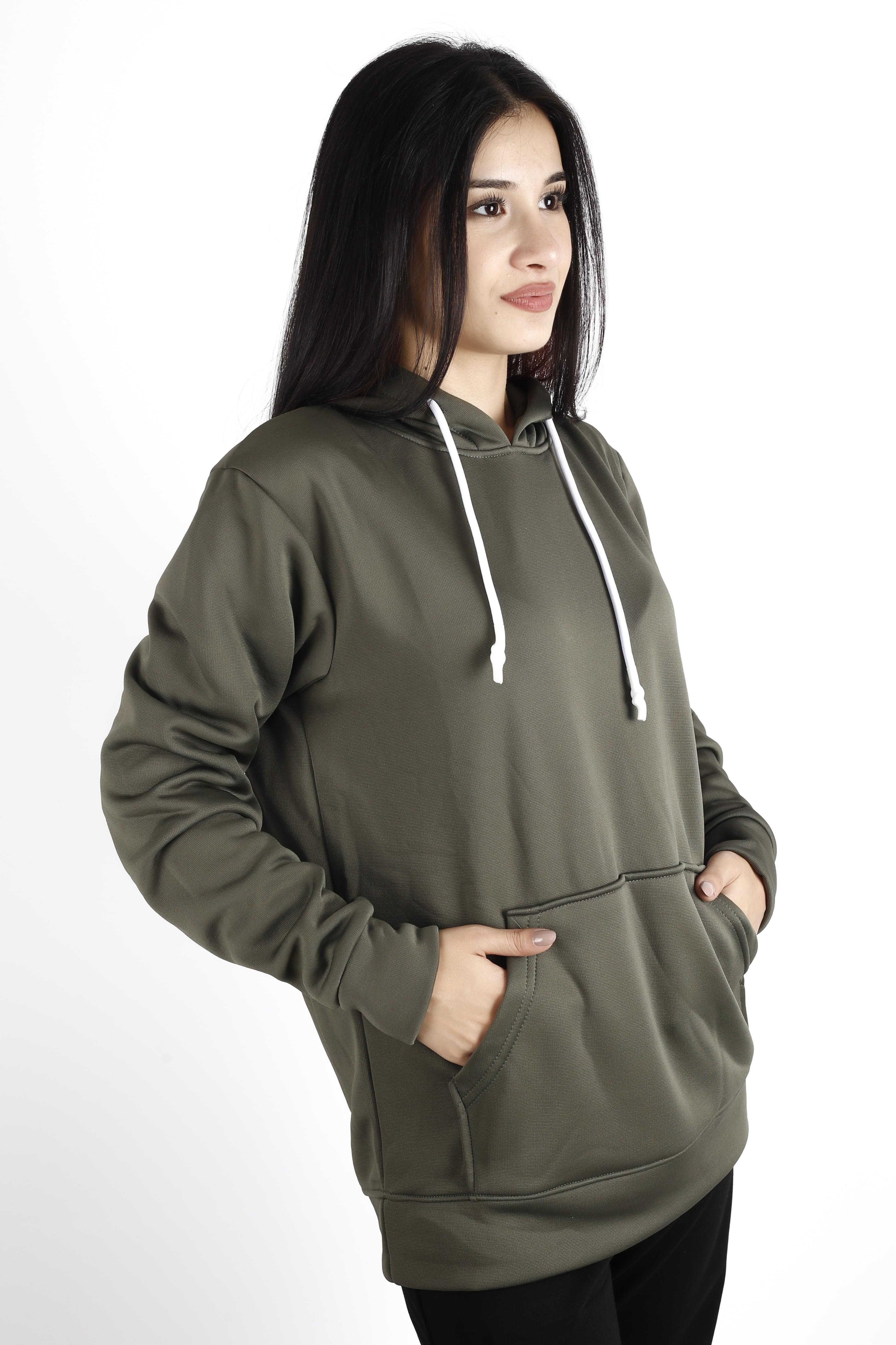 Kadın Haki İçi Yumuşak Kalın Polar Kanguru Cep Kapüşonlu Sweatshirt 22KSWTPOLM